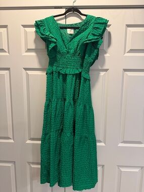 Umgee Emerald Green Ruffled V-Neck Midi Dress